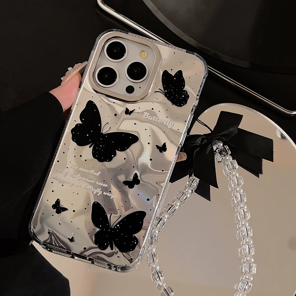 Cute Phone Cases for iPhone 15, 14, 13, 12 Pro Max, and Plus models - Butterfly Pattern With 3D Bow Bracelet - TSP341 - Touchy Style