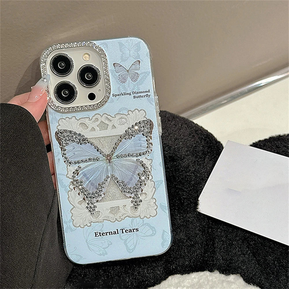 Cute Phone Cases for iPhone 15, 14, 13, 12, Pro Max, or 11 - Glitter Butterfly Blue Bumper Cover - TSP346 - Touchy Style