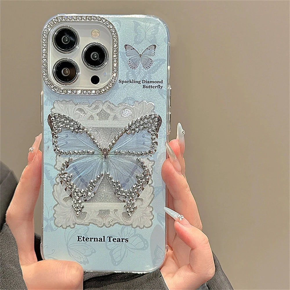 Cute Phone Cases for iPhone 15, 14, 13, 12, Pro Max, or 11 - Glitter Butterfly Blue Bumper Cover - TSP346 - Touchy Style