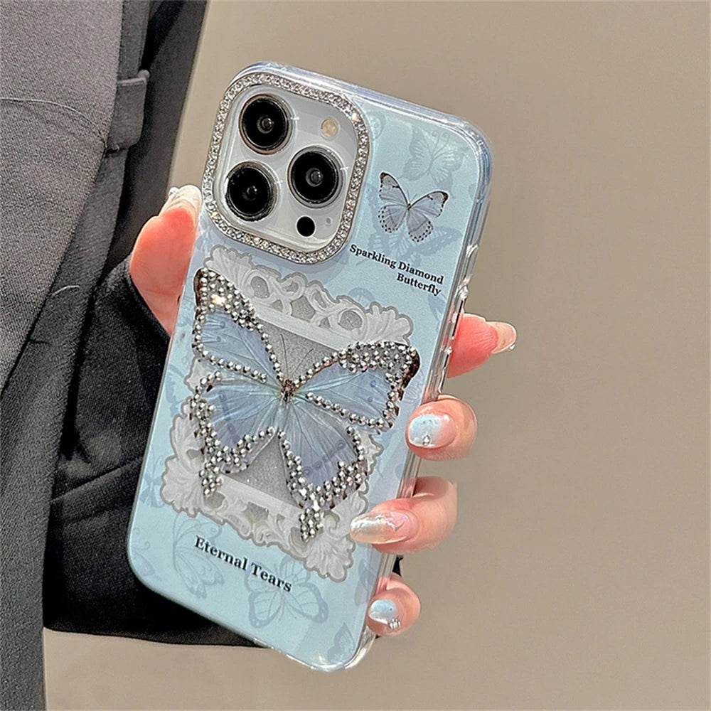 Cute Phone Cases for iPhone 15, 14, 13, 12, Pro Max, or 11 - Glitter Butterfly Blue Bumper Cover - TSP346 - Touchy Style