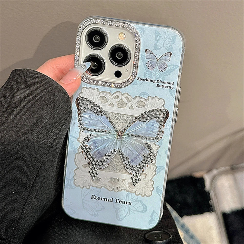 Cute Phone Cases for iPhone 15, 14, 13, 12, Pro Max, or 11 - Glitter Butterfly Blue Bumper Cover - TSP346 - Touchy Style