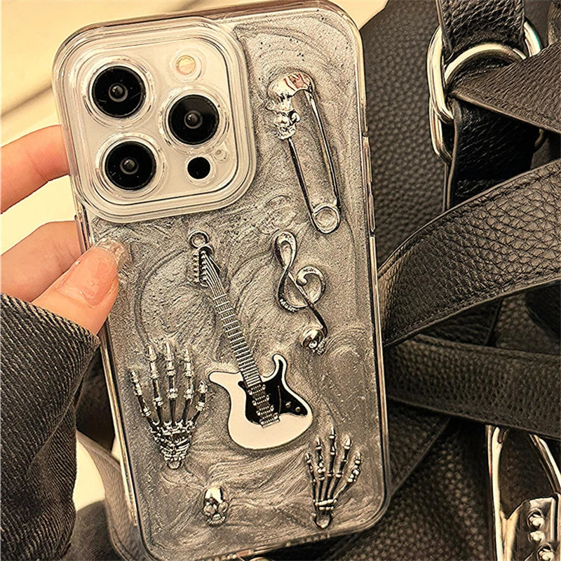 Cute Phone Cases for iPhone 15, 14, 13, and 12 Pro Max - Skull Guitar, Epoxy Back Cover - TSP461 - Touchy Style