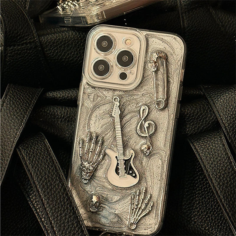 Cute Phone Cases for iPhone 15, 14, 13, and 12 Pro Max - Skull Guitar, Epoxy Back Cover - TSP461 - Touchy Style