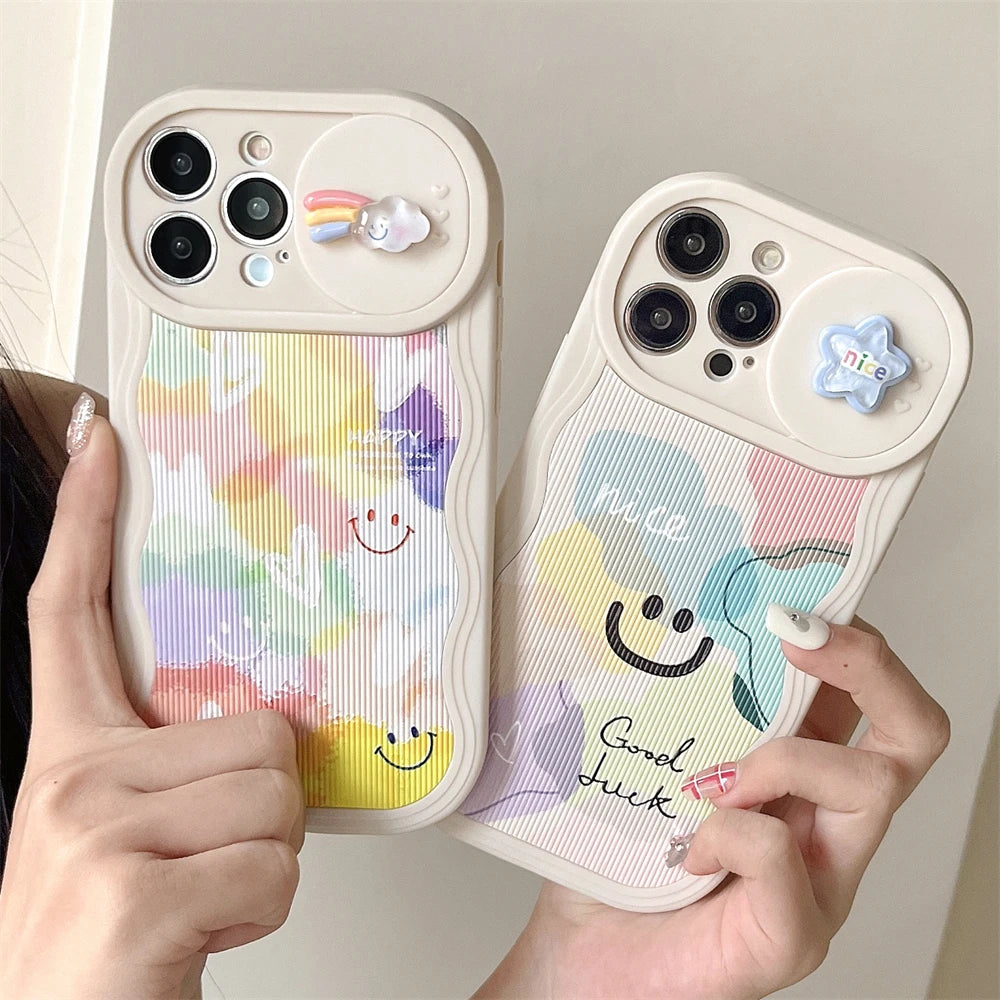 Cute Phone Cases For iPhone 15, 14 Pro Max, 13, 12, 11, and Mini models - Wavy Frame, Cartoon Push Window Lens Protective - TSP374 - Touchy Style