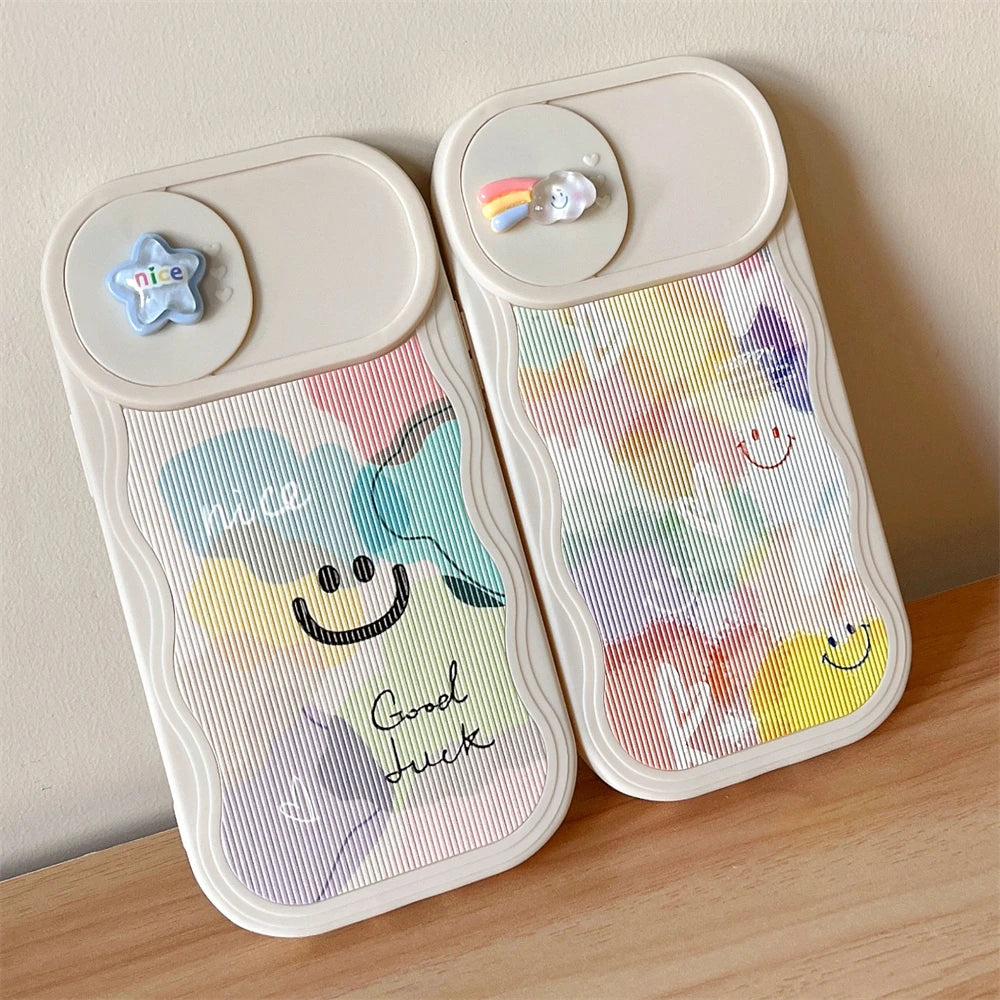 Cute Phone Cases For iPhone 15, 14 Pro Max, 13, 12, 11, and Mini models - Wavy Frame, Cartoon Push Window Lens Protective - TSP374 - Touchy Style