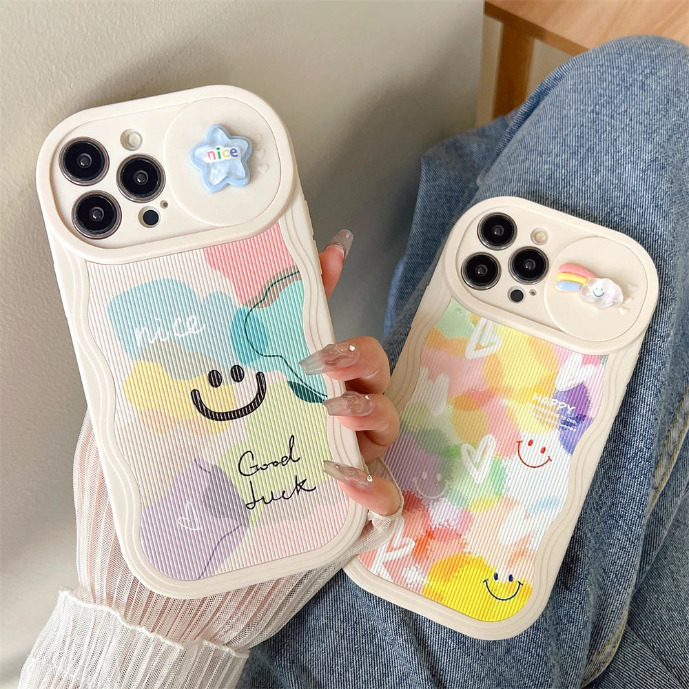 Cute Phone Cases For iPhone 15, 14 Pro Max, 13, 12, 11, and Mini models - Wavy Frame, Cartoon Push Window Lens Protective - TSP374 - Touchy Style