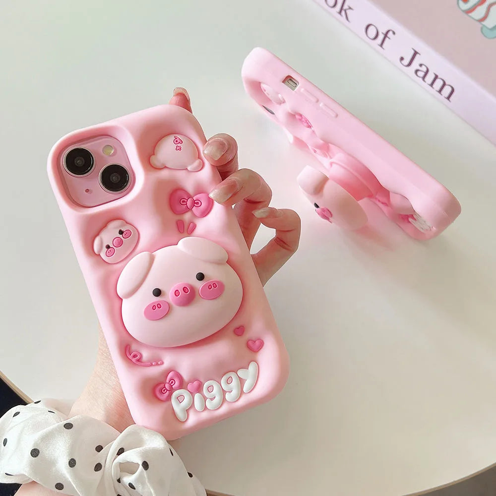 Cute Phone Cases for iPhone 15 Pro Max, 14, 13, 12, and 11 - Funny Pig Piggy, Telescopic Bracket - TSP284 - Touchy Style