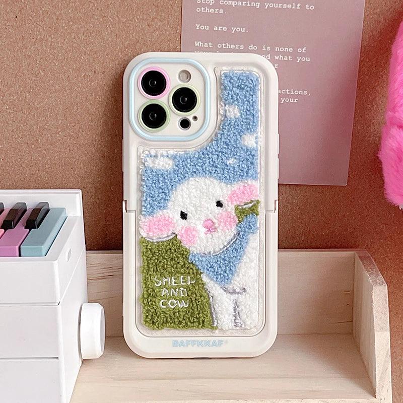 Cute Phone Cases for iPhone 15 Pro Max/14/13/11/12/15 Plus - Plush Embroidery Sheep - Kickstand - Fold Holder - TSP205 - Touchy Style