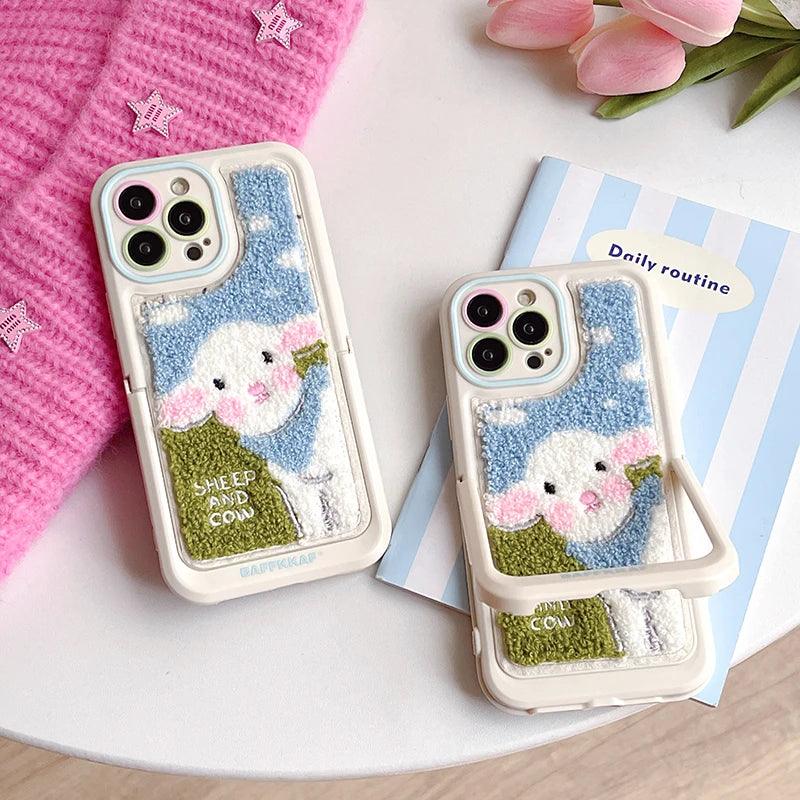 Cute Phone Cases for iPhone 15 Pro Max/14/13/11/12/15 Plus - Plush Embroidery Sheep - Kickstand - Fold Holder - TSP205 - Touchy Style