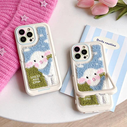 Cute Phone Cases for iPhone 15 Pro Max/14/13/11/12/15 Plus - Plush Embroidery Sheep - Kickstand - Fold Holder - TSP205 - Touchy Style