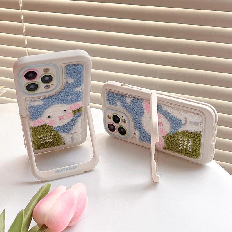 Cute Phone Cases for iPhone 15 Pro Max/14/13/11/12/15 Plus - Plush Embroidery Sheep - Kickstand - Fold Holder - TSP205 - Touchy Style