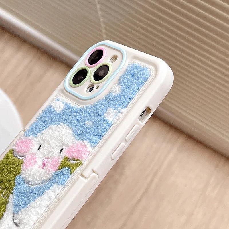 Cute Phone Cases for iPhone 15 Pro Max/14/13/11/12/15 Plus - Plush Embroidery Sheep - Kickstand - Fold Holder - TSP205 - Touchy Style