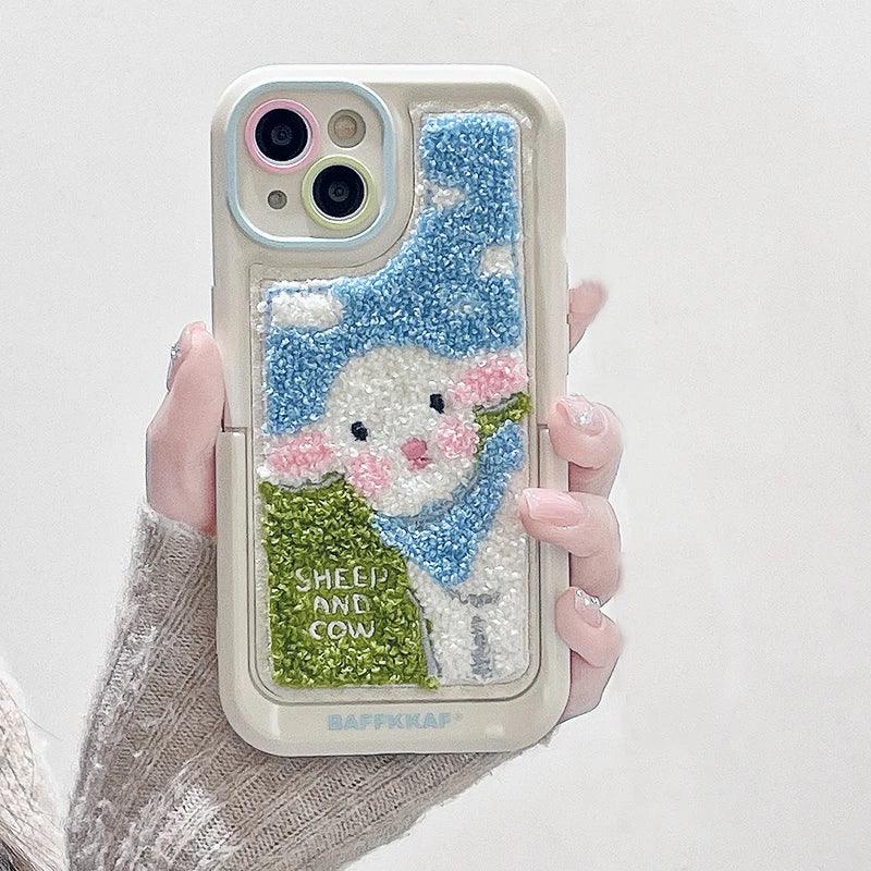 Cute Phone Cases for iPhone 15 Pro Max/14/13/11/12/15 Plus - Plush Embroidery Sheep - Kickstand - Fold Holder - TSP205 - Touchy Style