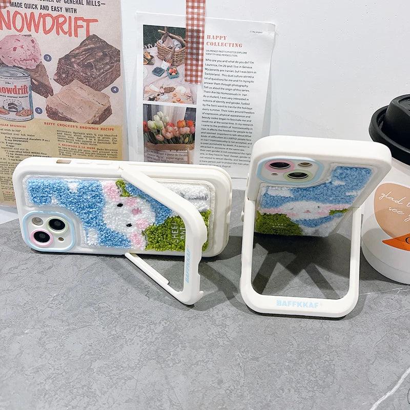 Cute Phone Cases for iPhone 15 Pro Max/14/13/11/12/15 Plus - Plush Embroidery Sheep - Kickstand - Fold Holder - TSP205 - Touchy Style