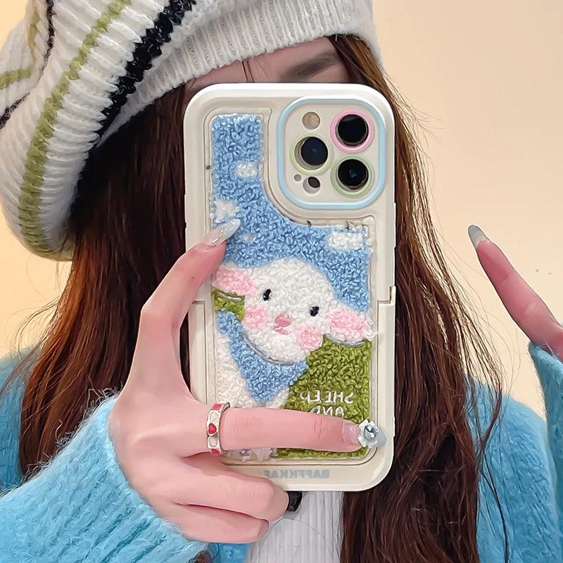 Cute Phone Cases for iPhone 15 Pro Max/14/13/11/12/15 Plus - Plush Embroidery Sheep - Kickstand - Fold Holder - TSP205 - Touchy Style