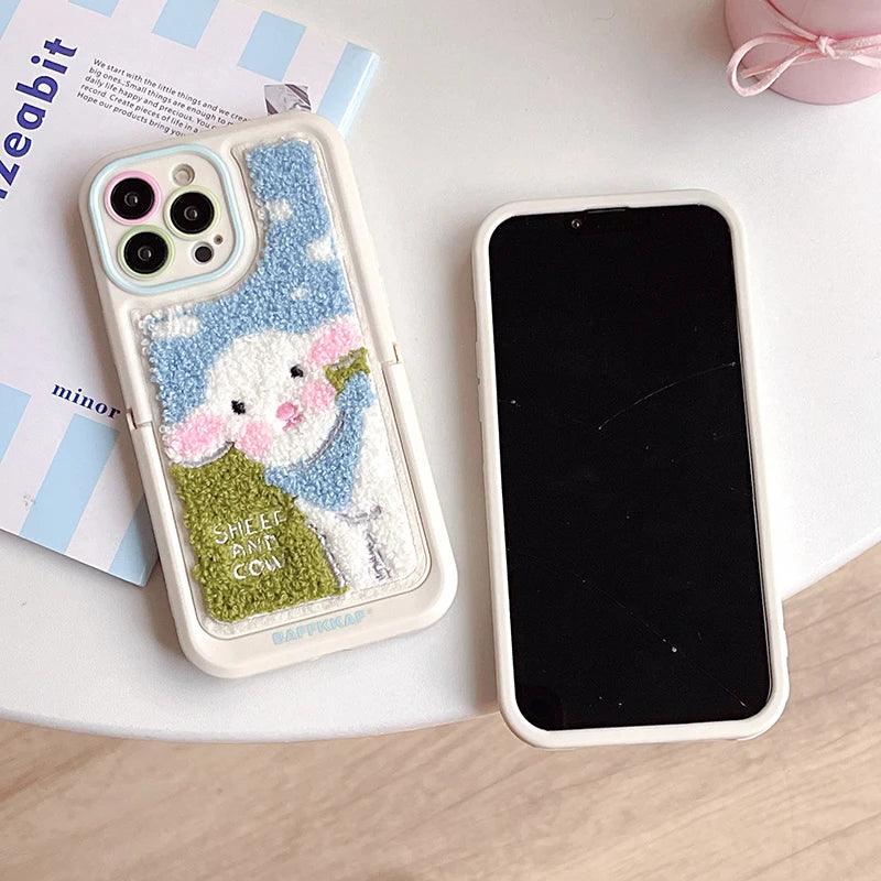 Cute Phone Cases for iPhone 15 Pro Max/14/13/11/12/15 Plus - Plush Embroidery Sheep - Kickstand - Fold Holder - TSP205 - Touchy Style