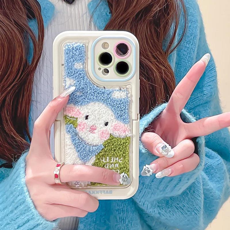 Cute Phone Cases for iPhone 15 Pro Max/14/13/11/12/15 Plus - Plush Embroidery Sheep - Kickstand - Fold Holder - TSP205 - Touchy Style