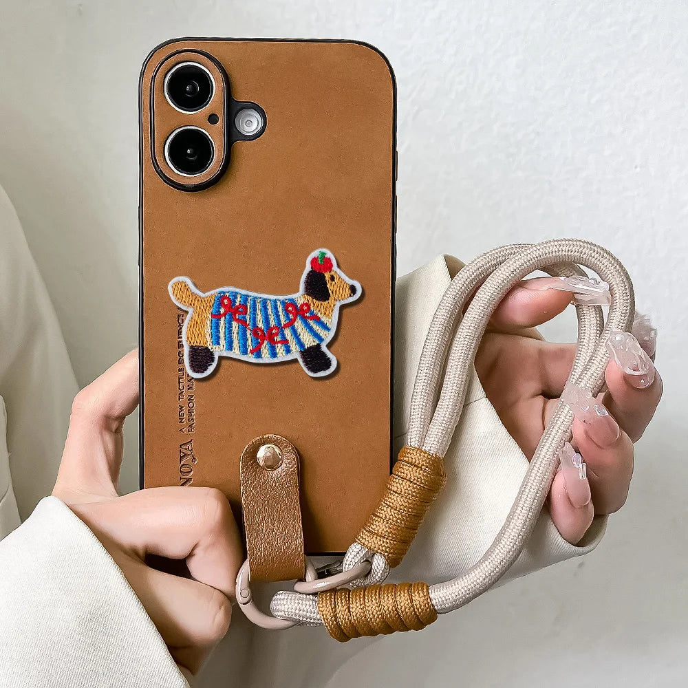 Cute Phone Cases For iPhone 16, 15, 14, 13, 11, 12, Pro Max, Plus, Xs Max, and XR with Wrist Chain or Lanyard - 3D Embroidery Dog - TSP488 - Touchy Style