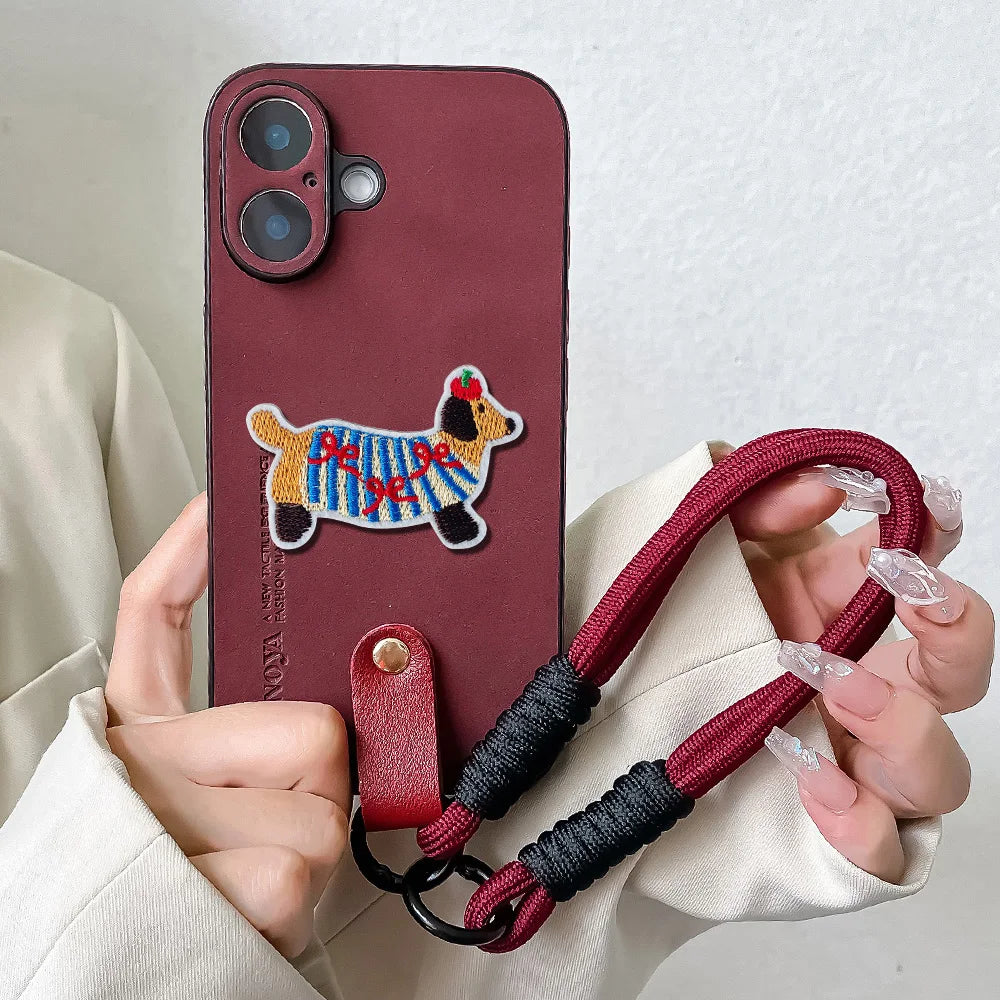 Cute Phone Cases For iPhone 16, 15, 14, 13, 11, 12, Pro Max, Plus, Xs Max, and XR with Wrist Chain or Lanyard - 3D Embroidery Dog - TSP488 - Touchy Style