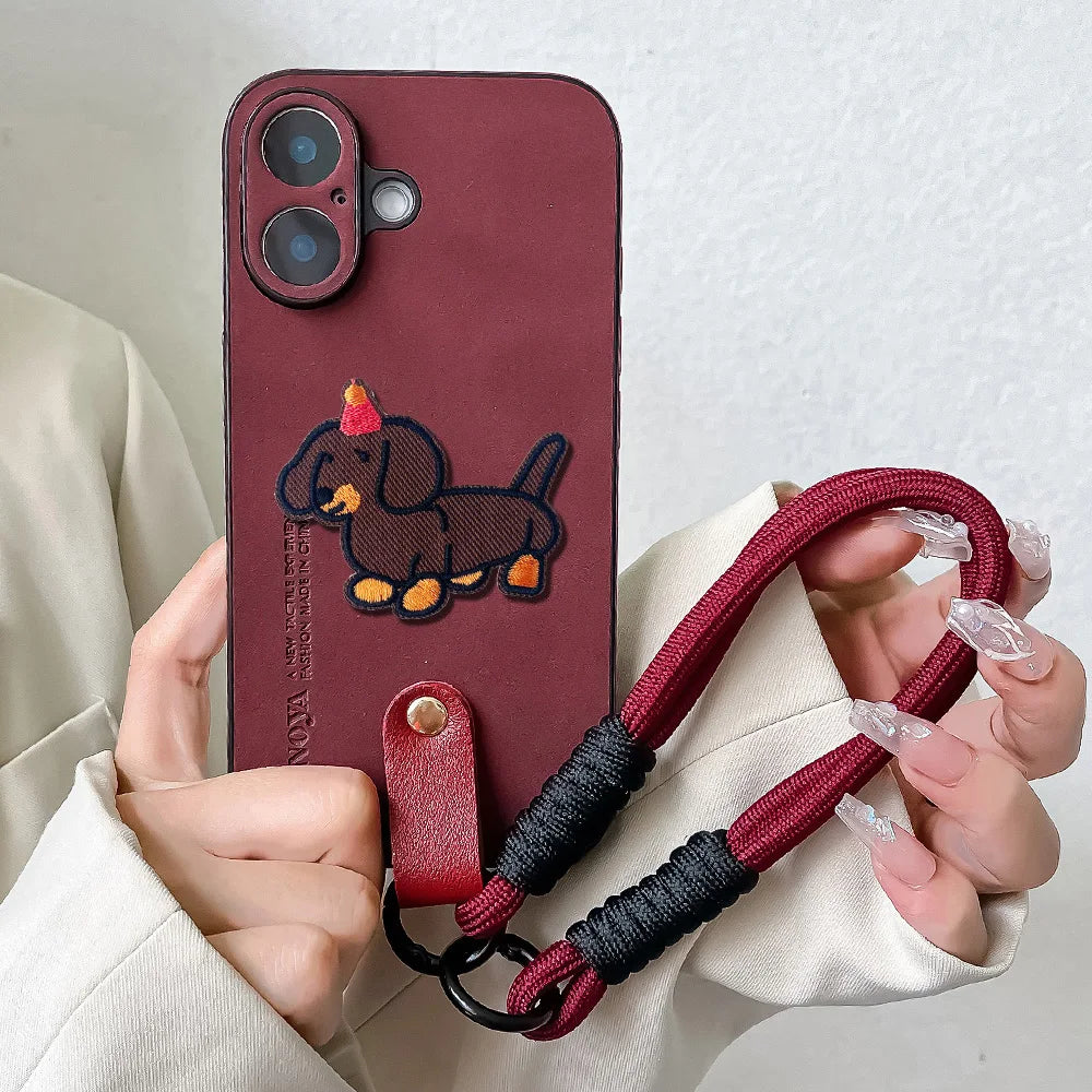 Cute Phone Cases for iPhone 16, 15, 14, 13, 11, 12, Pro Max, Plus, Xs Max, and XR with Wrist Chain or lanyard - 3D Embroidery Dog - TSP489 - Touchy Style