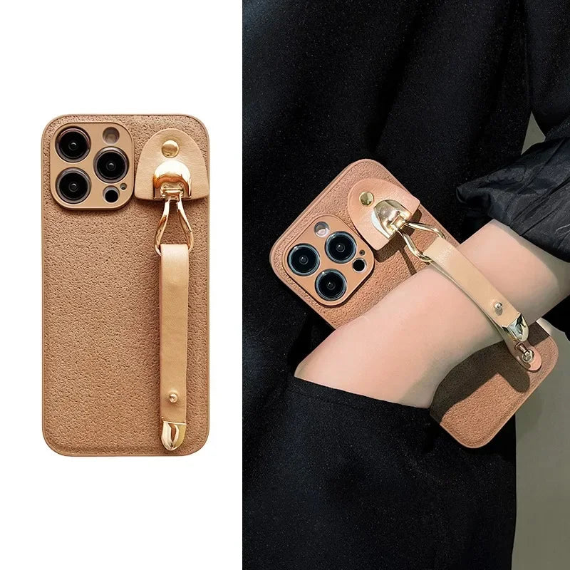 Cute Phone Cases For iPhone 16, 15, 14, 13, 12, 11 Pro Max, XR, X, and Xs Max with Wrist Chain - Plain Leather - TSP487 - Touchy Style