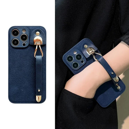 Cute Phone Cases For iPhone 16, 15, 14, 13, 12, 11 Pro Max, XR, X, and Xs Max with Wrist Chain - Plain Leather - TSP487 - Touchy Style