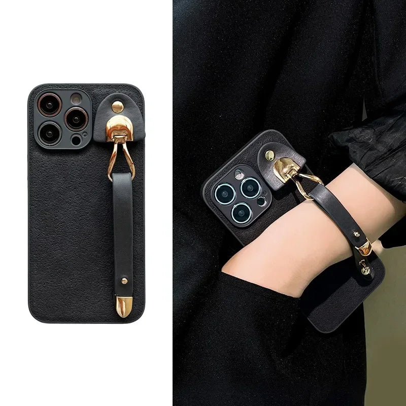 Cute Phone Cases For iPhone 16, 15, 14, 13, 12, 11 Pro Max, XR, X, and Xs Max with Wrist Chain - Plain Leather - TSP487 - Touchy Style