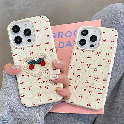 Cute Phone Cases for iPhone 16, 15, 14, 13, 12, and 11 Pro Max - 3D Cherry Bowknot - Leather Cover - TSP362 - Touchy Style