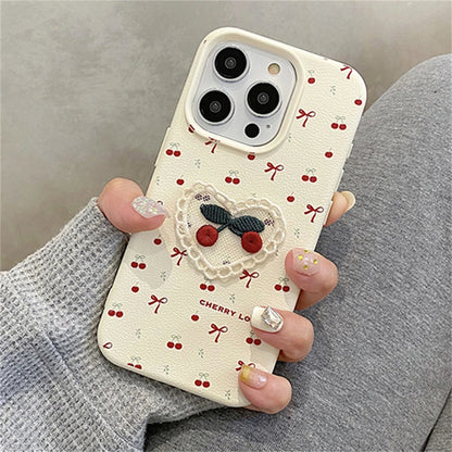 Cute Phone Cases for iPhone 16, 15, 14, 13, 12, and 11 Pro Max - 3D Cherry Bowknot - Leather Cover - TSP362 - Touchy Style