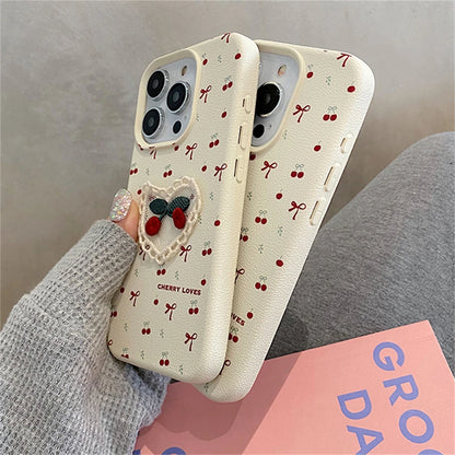 Cute Phone Cases for iPhone 16, 15, 14, 13, 12, and 11 Pro Max - 3D Cherry Bowknot - Leather Cover - TSP362 - Touchy Style