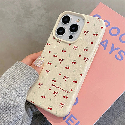 Cute Phone Cases for iPhone 16, 15, 14, 13, 12, and 11 Pro Max - 3D Cherry Bowknot - Leather Cover - TSP362 - Touchy Style