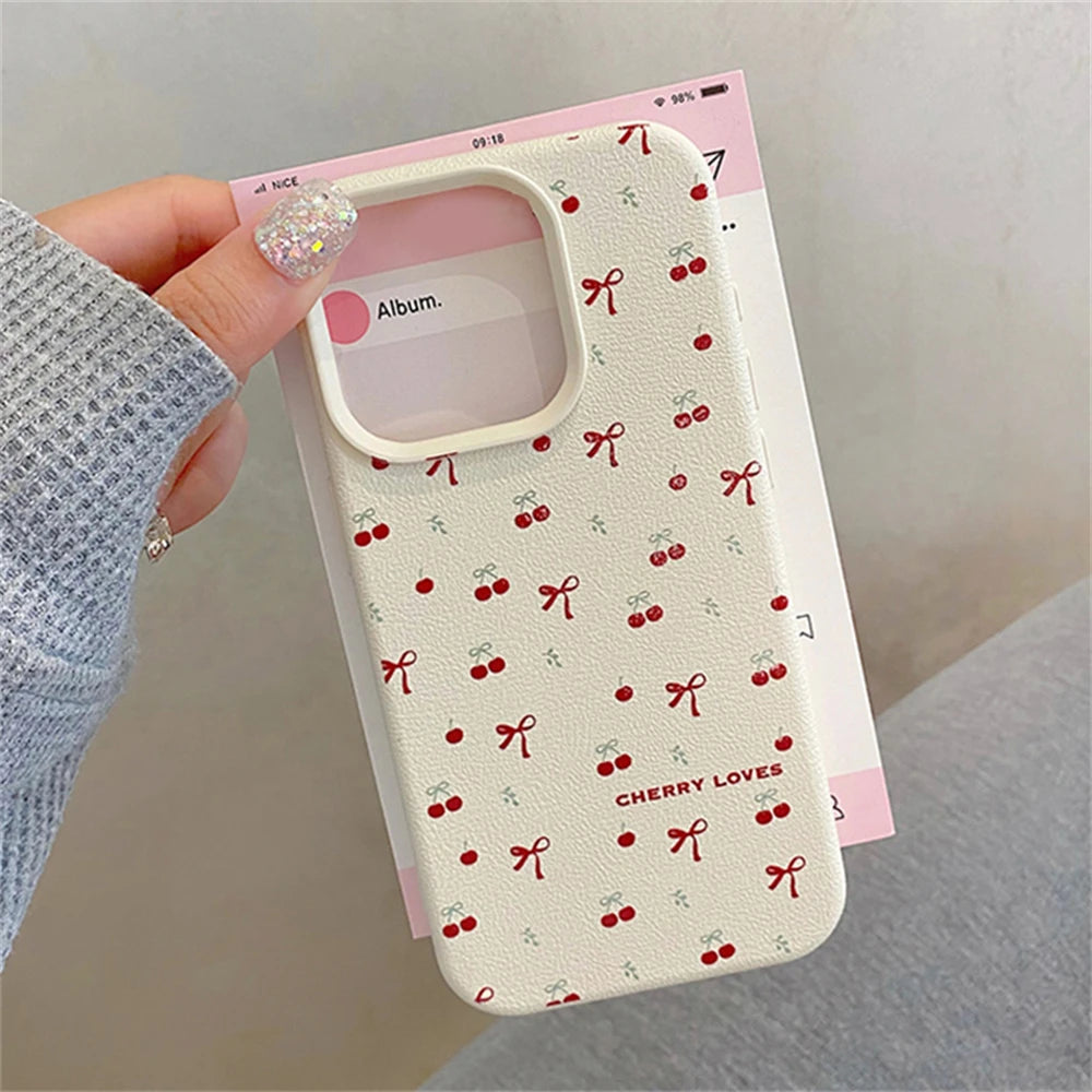 Cute Phone Cases for iPhone 16, 15, 14, 13, 12, and 11 Pro Max - 3D Cherry Bowknot - Leather Cover - TSP362 - Touchy Style