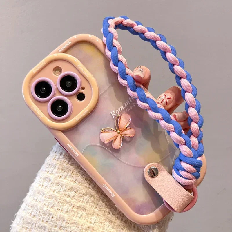 Cute Phone Cases For iPhone 16, 15, 14, 13, 12, and 11 Pro Max with Wrist Chain -3D Bow Butterfly Pattern - Ink and Wash Smudge Cover - TSP493 - Touchy Style