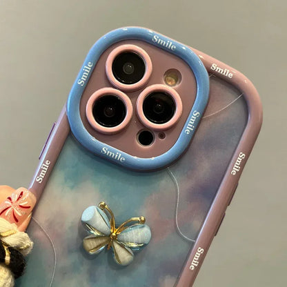 Cute Phone Cases For iPhone 16, 15, 14, 13, 12, and 11 Pro Max with Wrist Chain -3D Bow Butterfly Pattern - Ink and Wash Smudge Cover - TSP493 - Touchy Style