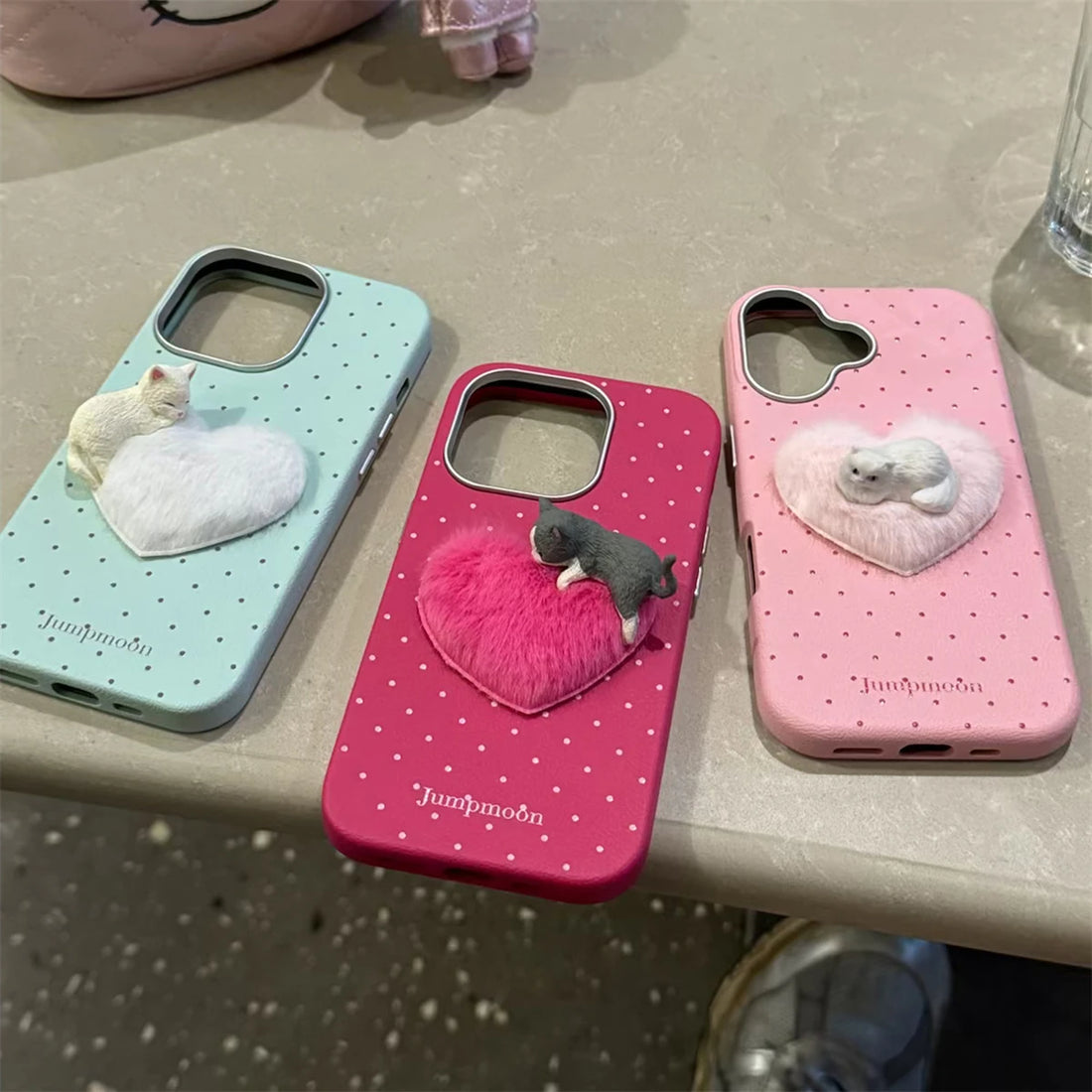 Cute Phone Cases for iPhone 16, 15, 14, 13, 12 Pro Max - 3D Cat with Fur Heart - TSP327 - Touchy Style