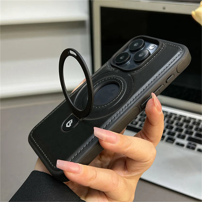 Cute Phone Cases for iPhone 16, 15, 14, 13, and 12 Pro Max - Magnetic Stand Ring, PU Leather Hollow Logo Cover - TSP426 - Touchy Style