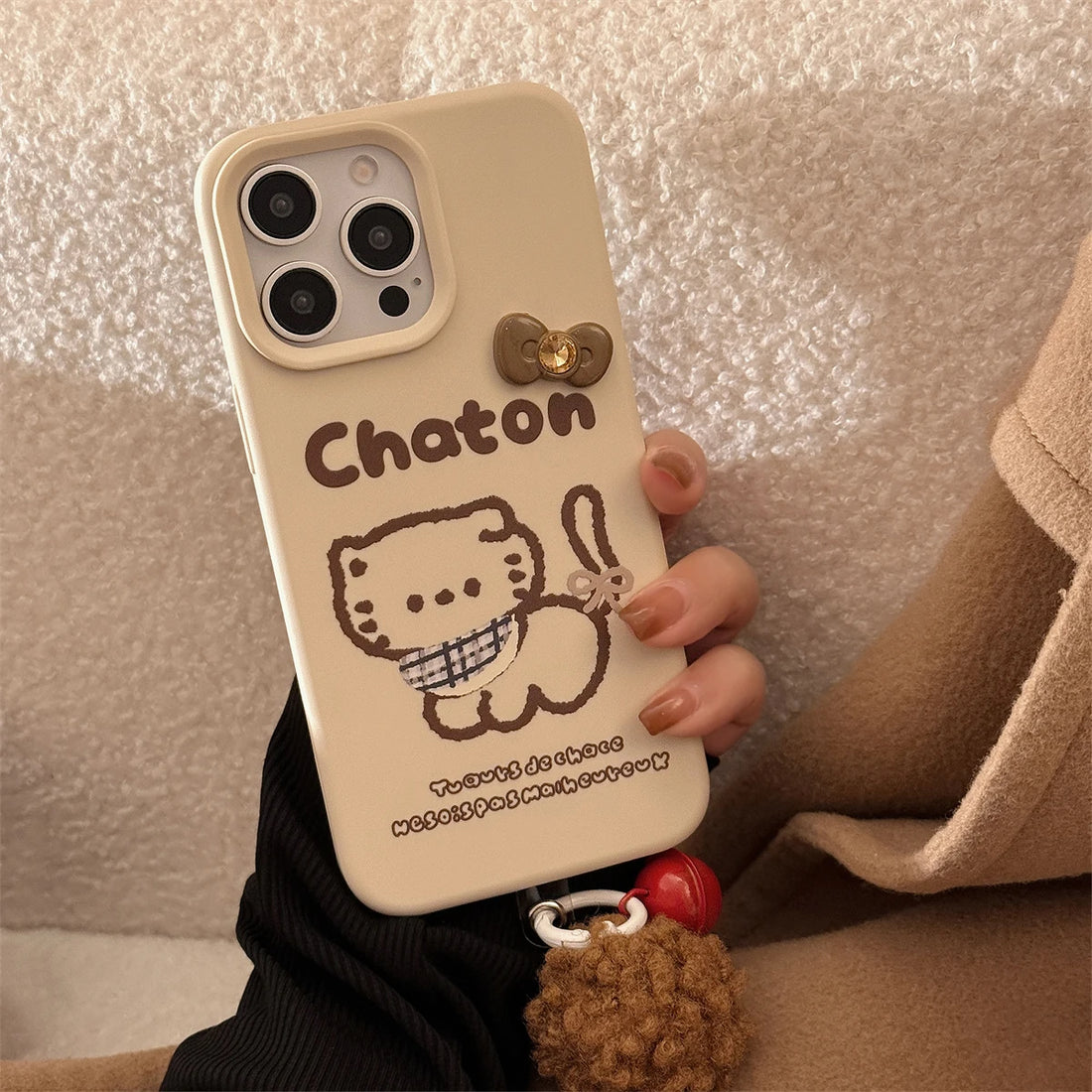 Cute Phone Cases for iPhone 16, 15, 14, 13, and 12 Pro Max with Hairball Bell Pendant - Sketch Cat - TSP436 - Touchy Style