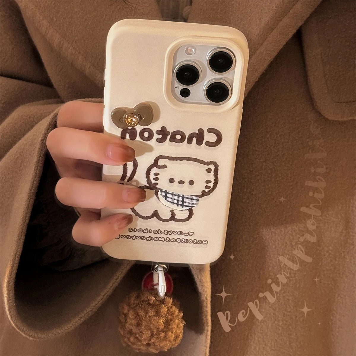 Cute Phone Cases for iPhone 16, 15, 14, 13, and 12 Pro Max with Hairball Bell Pendant - Sketch Cat - TSP436 - Touchy Style