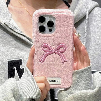 Cute Phone Cases for iPhone 16, 15, 14, and 13 Pro Max - 3D Embroidery Bow Plush Back Cover - TSP446 - Touchy Style