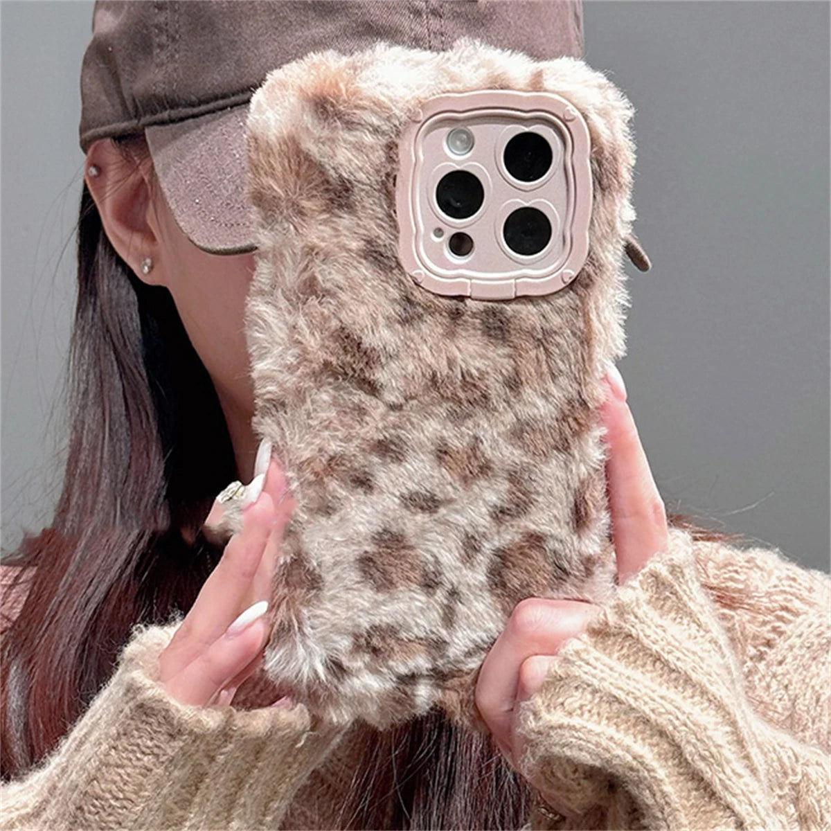 Cute Phone Cases for iPhone 16, 15, 14, or 13 Pro Max - Fluffy Plush Leopard Print - TSP439 - Touchy Style