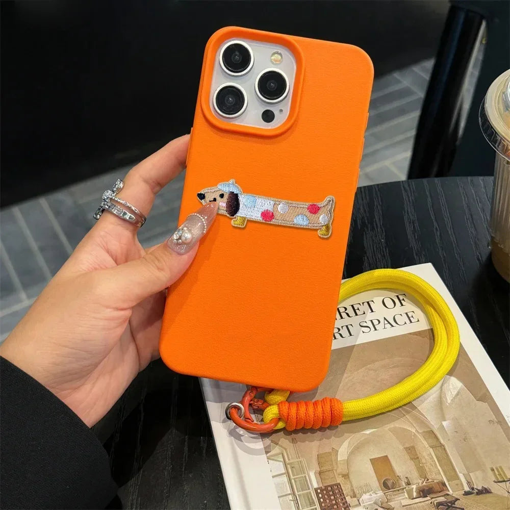 Cute Phone Cases For iPhone 16 Pro Max, 7, 8 Plus, and SE - Lazy Dog, Candy Leather Cover with Wrist Chain - TSP478 - Touchy Style