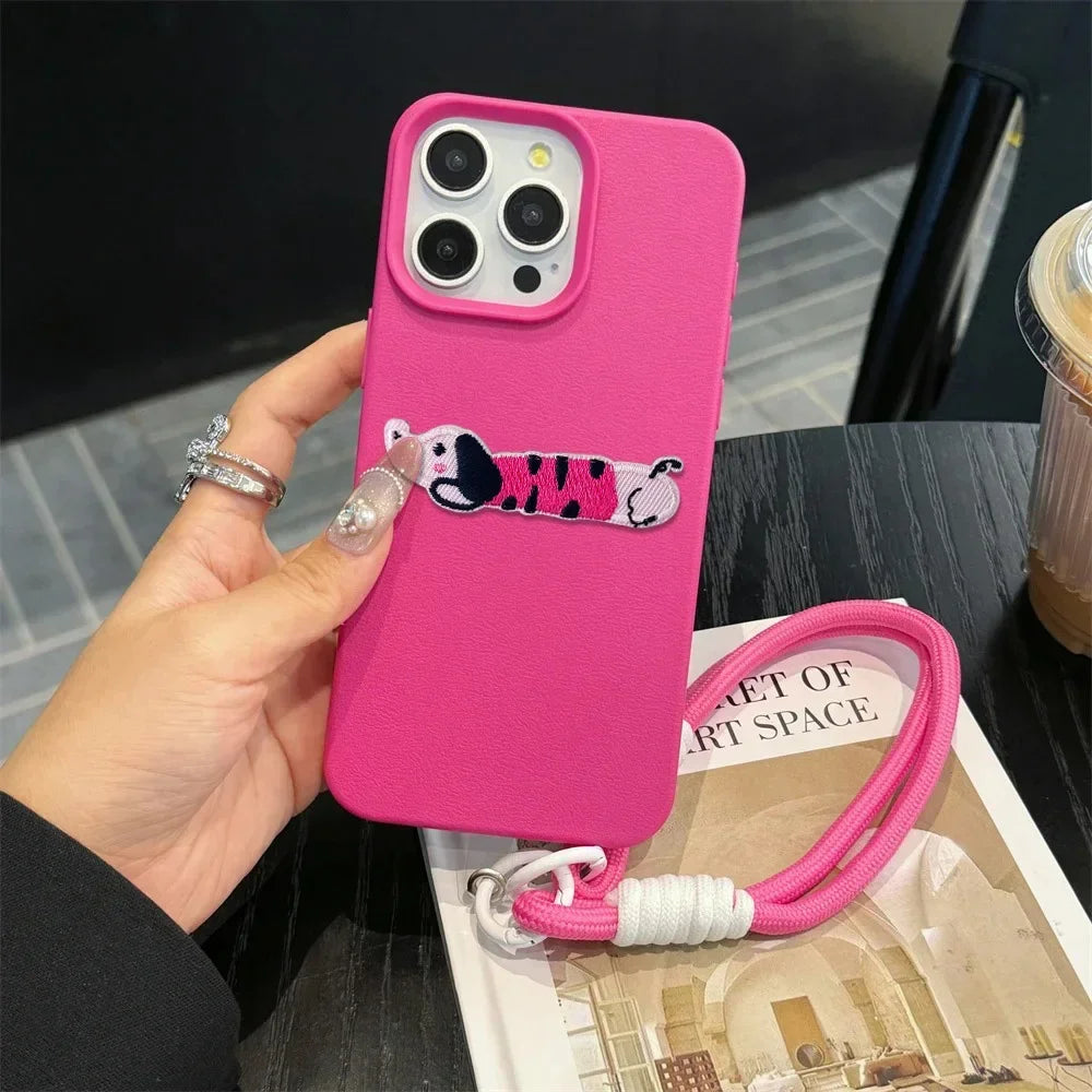 Cute Phone Cases For iPhone 16 Pro Max, 7, 8 Plus, and SE - Lazy Dog, Candy Leather Cover with Wrist Chain - TSP478 - Touchy Style