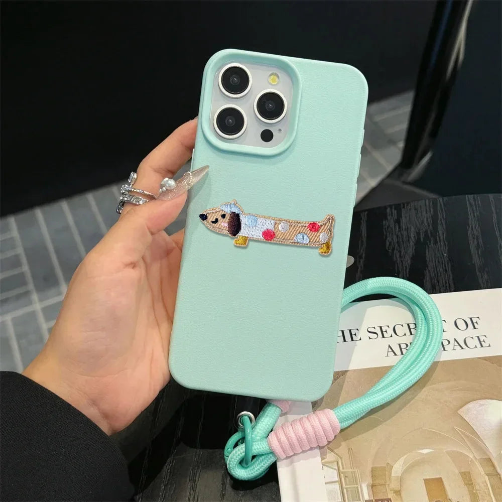 Cute Phone Cases For iPhone 16 Pro Max, 7, 8 Plus, and SE - Lazy Dog, Candy Leather Cover with Wrist Chain - TSP478 - Touchy Style