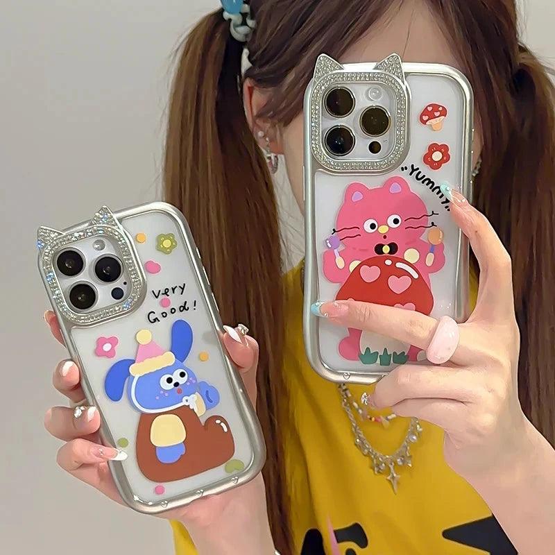 Cute Phone Cases - Funny Cat &amp; Puppy Bling Diamond Ears for iPhone 15-11 Pro Max - TSP298 - Touchy Style