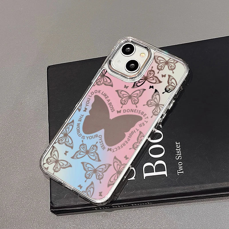 Cute Phone Cases: Lovely Butterfly Silver Mirror Back Cover with Cat Ears for iPhone 11-15 Pro Max - TSP288 - Touchy Style