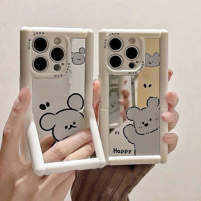 Cute Phone Cases - White Puppy Dog Makeup Mirror with Kickstand for iPhone 11-15 Pro Max - TSP297 - Touchy Style