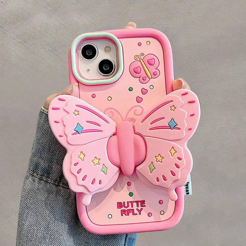 Cute Pink 3D Butterfly Phone Case for iPhone 11, 12, 13, 14, 15 Pro Max - Touchy Style