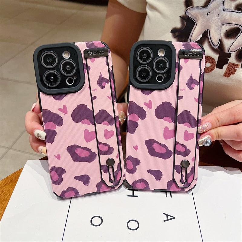 Cute Pink Heart Leopard Print Soft Wristband Phone Case Cover for iPhone 14, 13, 12, 11 Pro Max, 7, 8 Plus, X, XS, XR - Touchy Style