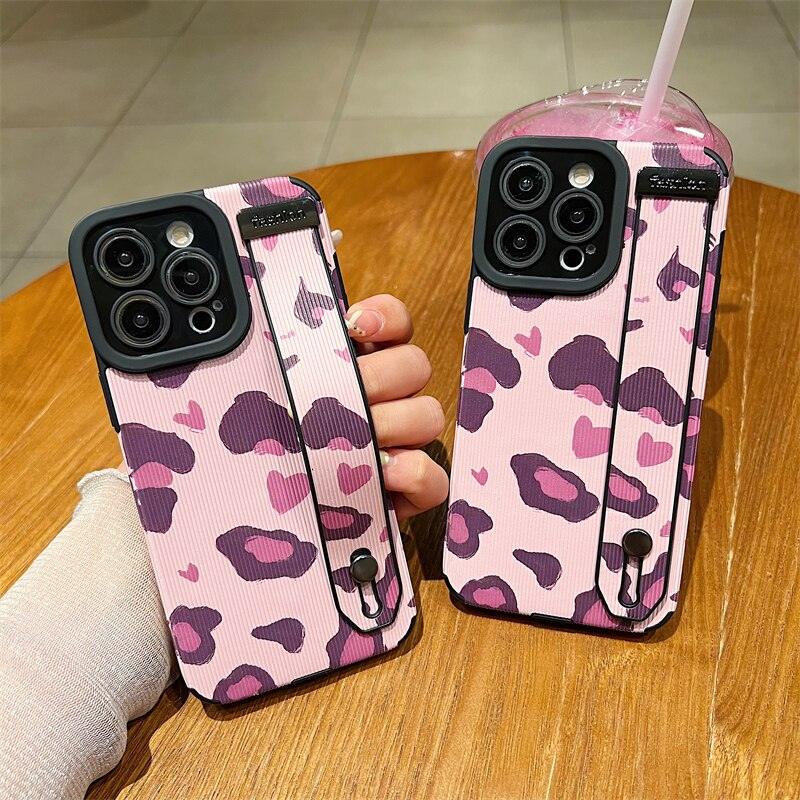 Cute Pink Heart Leopard Print Soft Wristband Phone Case Cover for iPhone 14, 13, 12, 11 Pro Max, 7, 8 Plus, X, XS, XR - Touchy Style