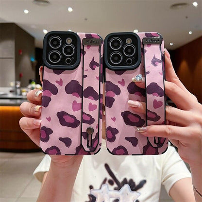 Cute Pink Heart Leopard Print Soft Wristband Phone Case Cover for iPhone 14, 13, 12, 11 Pro Max, 7, 8 Plus, X, XS, XR - Touchy Style